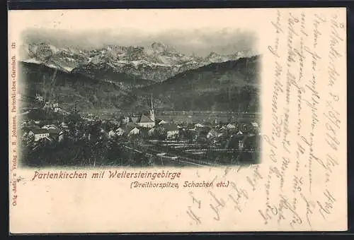 AK Partenkirchen, Teilansicht mit Wettersteingebirge: Dreitorspitze, Schachen etc.