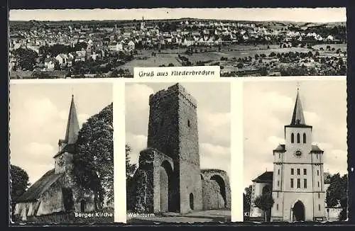 AK Niederbrechen, Ortspanorama, Berger Kirche, Wehrturm, Kirche