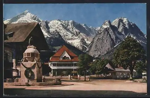 AK Garmisch, Marktplatz mit Alp- und Zugspitze
