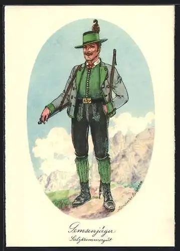 Künstler-AK Salzkammergut, Gemsenjäger in Volkstracht