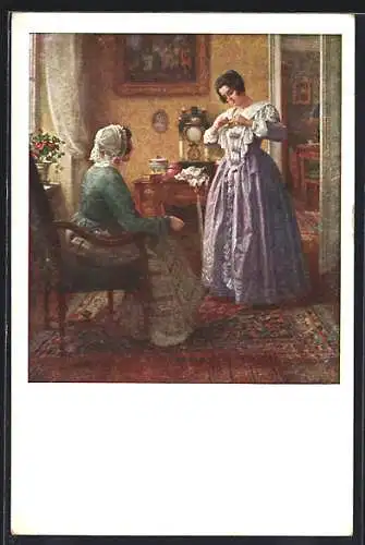Künstler-AK Karl Maria Schuster: Das Neue Kleid, Frau in lilanem Kleid