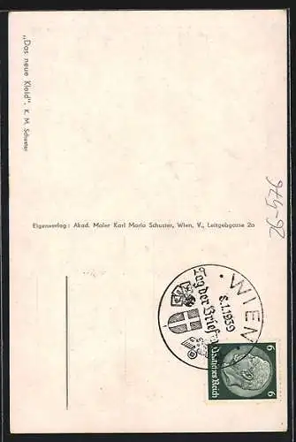 Künstler-AK Karl Maria Schuster: Das Neue Kleid, Frau in lilanem Kleid