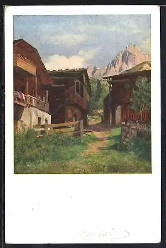 Künstler-AK Karl Maria Schuster: Ramsauer Blockhäuser mit Dachstein