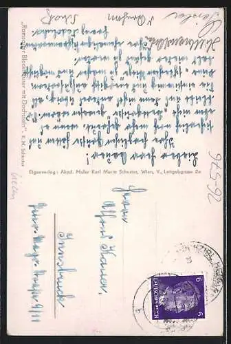 Künstler-AK Karl Maria Schuster: Ramsauer Blockhäuser mit Dachstein