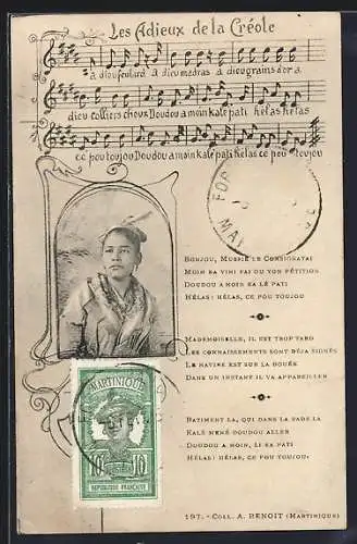 AK Les Adieux de la Créole, Musiknoten und Liedtext mit Portrait