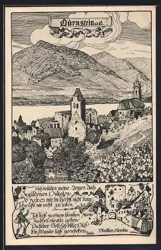 Künstler-AK Ulf Seidl: Dürnstein a. d. Donau, Ortsansicht und Stadttor
