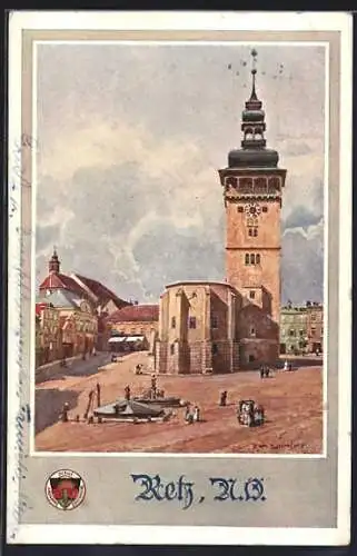 Künstler-AK Retz, Platz an der Kirche, Deutscher Schulverein