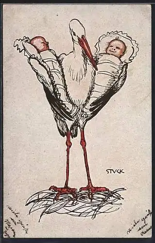 Künstler-AK Storch mit zwei Babys