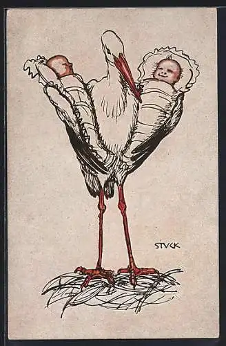 Künstler-AK Storch mit zwei Babys