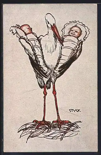 Künstler-AK Storch mit zwei Babys