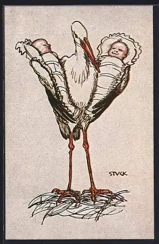 Künstler-AK Storch mit zwei Babys