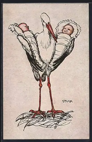 Künstler-AK Storch mit zwei Babys