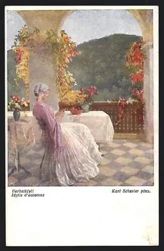 Künstler-AK Karl Maria Schuster: Dame auf herbstlicher Terrasse