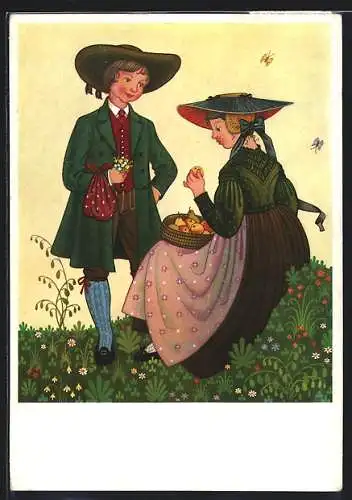 AK Lavanttal, Bauernpaar in Kärntner Volkstracht auf der Weide mit Blumenstrauss und Obstkorb