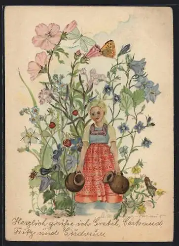 Künstler-AK Schwarz-Torino: Mädchen mit Krügen umgeben von hochwachsenden Blumen