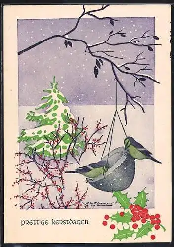 Künstler-AK Willy Schermele: Winterlandschaft mit Meisen am Futterkorb