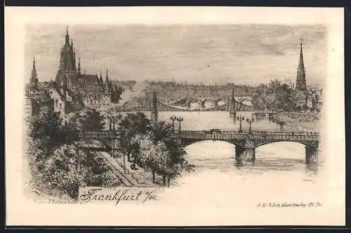 Künstler-AK Frankfurt a. M., Teilansicht mit Kirche und Brücken
