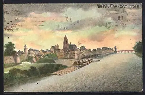 Künstler-AK Alt-Frankfurt, Dompanorama vom Mainufer aus, Fischerboote am Ufer