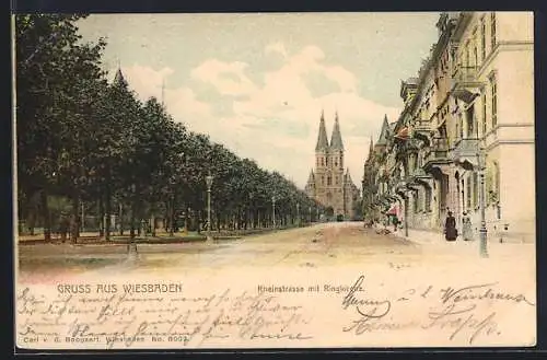 AK Wiesbaden, Ansicht der Rheinstrasse mit der Ringkirche
