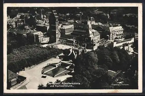 AK Darmstadt, Künstlerkolonie mit Hochzeitsturm, Fliegeraufnahme