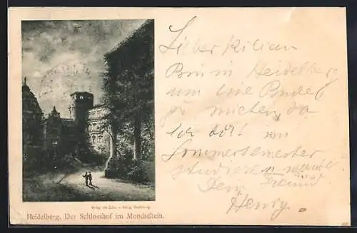 AK Heidelberg / Neckar, Der Schlossshof im Mondschein