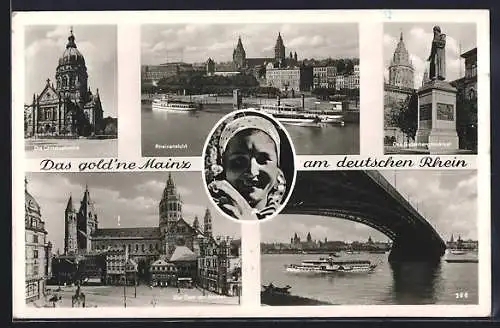 AK Mainz, Christuskirche, Rheinbrücke und Dampferanlegestelle