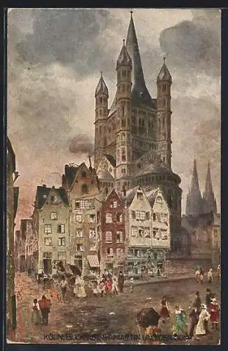 Künstler-AK Köln, Blick auf St. Martin und den Dom