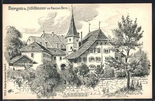 Künstler-AK Aarberg, Blick zum Schloss