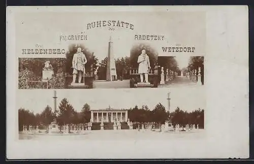 AK Wetzdorf, Radetzky-Ruhestätte - Gesamtansicht, Statue, Obelisk