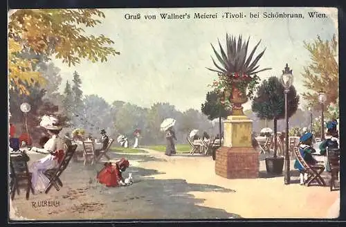 Künstler-AK Wien, Schönbrunn, Wallner`s Meierei Tivoli, Sitze im Garten