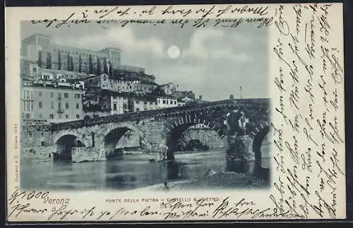 Mondschein-AK Verona, Ponte Della Pietra, Castello S. Pietro
