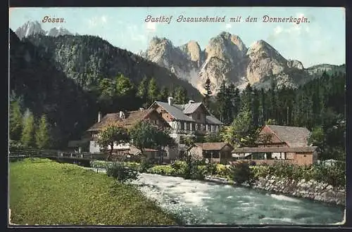 AK Gosau, Gasthof Gosauschmied und Blick auf die Donnerkogln