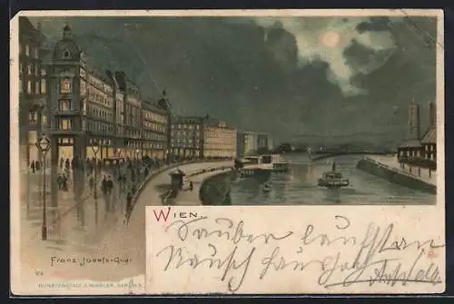 Lithographie Wien, Franz-Josefs-Quai mit Donau und Bergpanorama