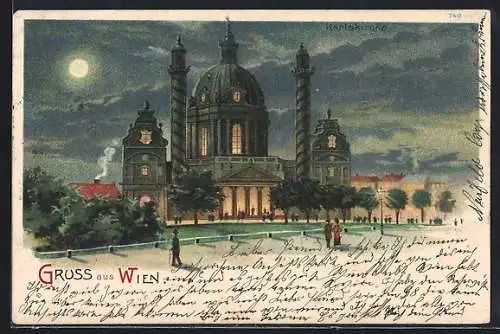 Lithographie Wien IV, Platzpartie mit Kirche bei Nacht