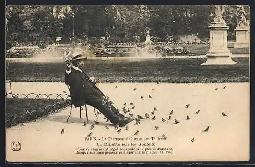 AK Paris, Le Charmeur d`Oiseaux aux Tuileries, La Dinette sur les Genoux