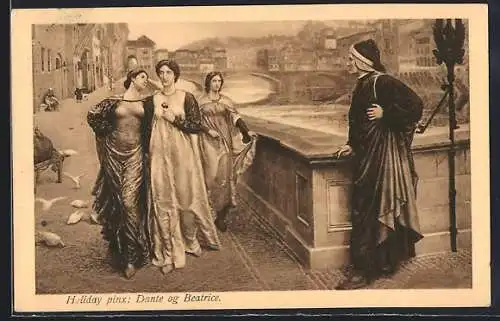 AK Dante begegnet Beatrice an einer Brücke