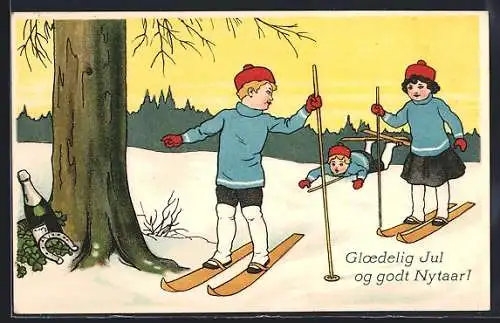 AK Kleine Skifahrer mit Neujahrsgrüssen