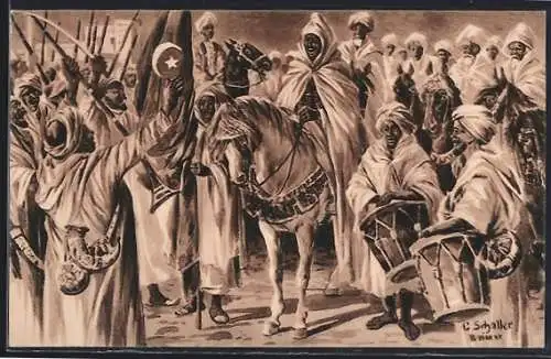 AK Die Verkündung des heiligen Krieges, arabische Krieger, Türkenflagge