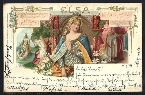 Künstler-AK Franz Stassen: Elsa, Lohengrin, Schwan, Notenzeilen, Narzissen