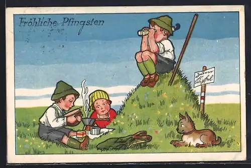 AK Jungen und Mädchen als Wanderer bei einer Rast an einem kleinen Berg