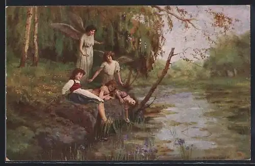 Künstler-AK Schutzengel am Ufer