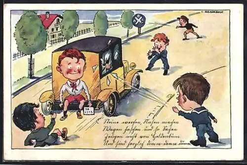 Künstler-AK Reklame für Torpedo Freilauf von der Fichtel & Sachs AG, Kinder zerstören die Fensterscheibe eines Autos