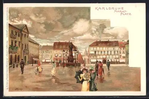 Künstler-AK Carl Münch: Karlsruhe, Marktplatz mit Passanten und Brunnen