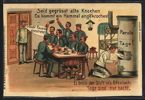 AK Seid gegrüsst alte Knochen, Es kommt ein Hammel angekrochen!, Reservesoldaten am Tisch sitzend