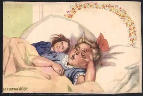 Künstler-AK sign. M. Frimberger: Zwei Mädchen im Bett beim Aufwachen