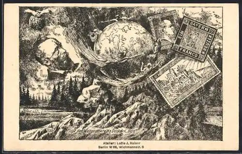 AK Berlin, Briefmarken-Ausstellung 1924, Weltkugel, versch. Birefmarken