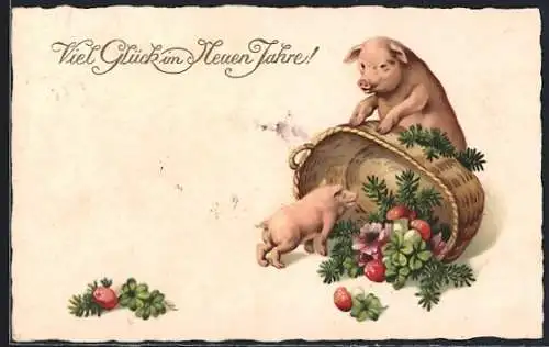 AK Schwein und Ferkel mit Kleeblättern im Korb, Neujahrsgruss