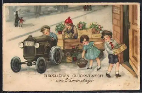 AK Kinder beladen Traktor mit Blumentöpfen, Glückwunsch zum Namenstag