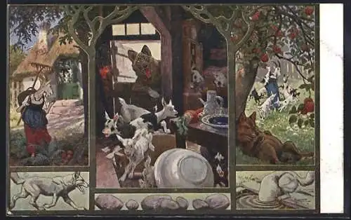 Künstler-AK Der Wolf und die sieben Geisslein, Tryptich, Märchen