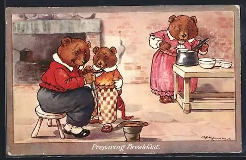 Künstler-AK A. E. Kennedy: Preparing Breakfast, Bärenmutter macht in der Küche Frühstück